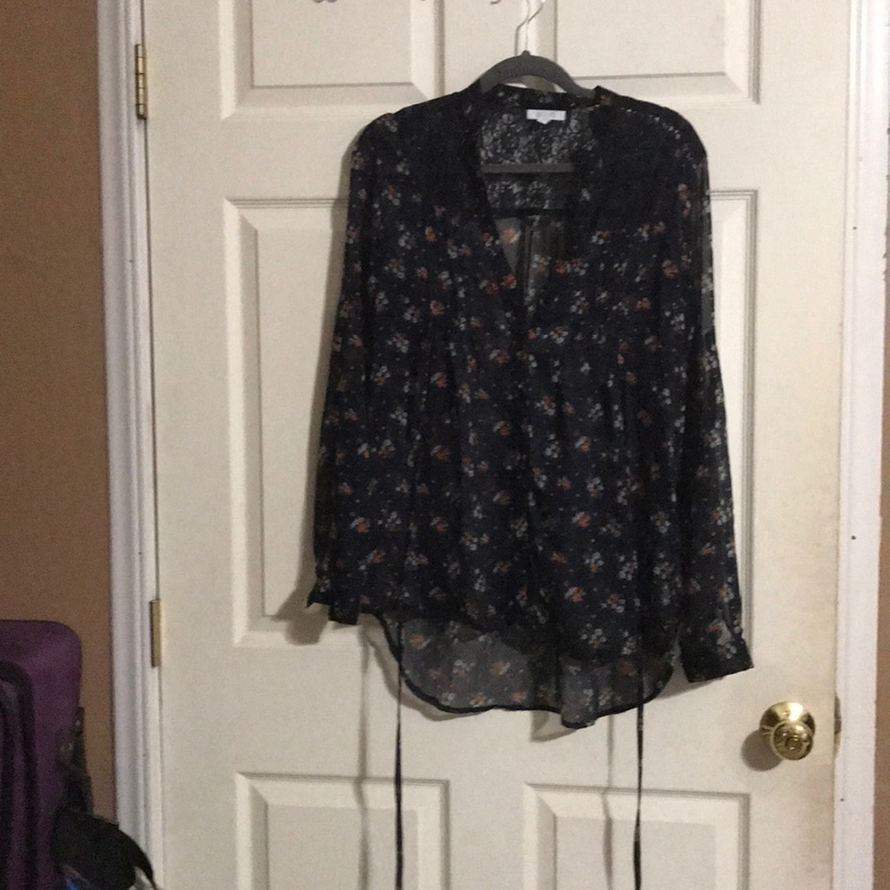 Navy blue floral print blouse with lace detail